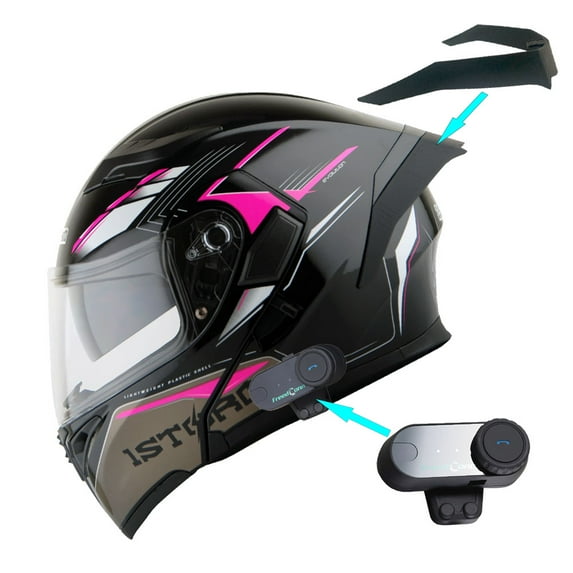 1Storm Motorcycle Modular Full Face Flip up Dual Visor Helmet + Spoiler + Motorcycle Bluetooth Headset: HB89 Storm Pink