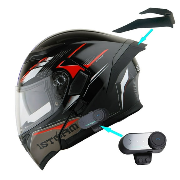1Storm Motorcycle Modular Full Face Flip up Dual Visor Helmet + Spoiler + Motorcycle Bluetooth Headset: HB89 Storm Red
