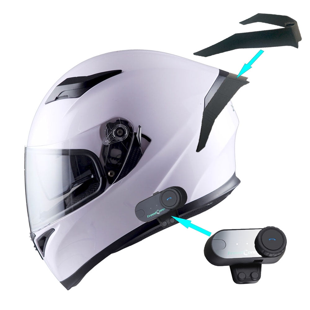 1Storm Motorcycle Modular Full Face Flip up Dual Visor Helmet + Spoiler + Motorcycle Bluetooth Headset: HJK316 Glossy White