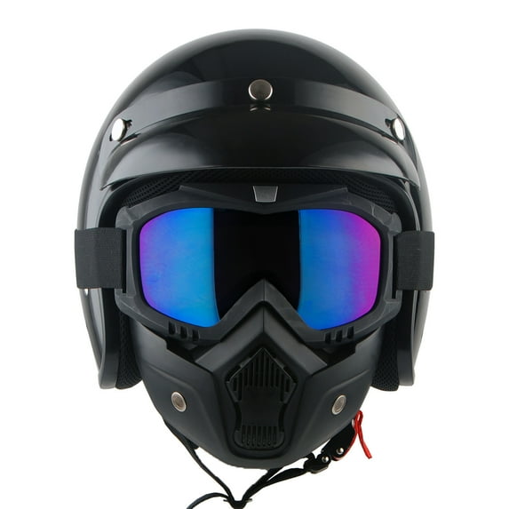 1Storm Motorcycle Open Face Helmet Mopeds Scooter Pilot Half Face Helmet with Peak Visor, HKY207 Glossy Black + Tinted Goggle Bundle