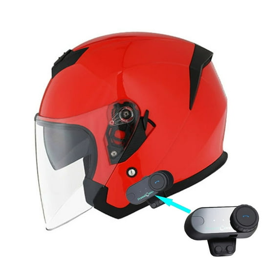 1Storm Motorcycle Open Face Helmet Scooter Classical Knight Bike Dual Lens/Sun Visor + Motorcycle Bluetooth Headset: HJK526 Glossy Red