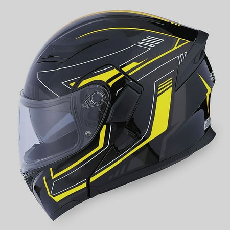 1Storm Motorcycle Street Bike Modular Flip up Dual Visor Full Face Helmet HB89 Arrow Yellow