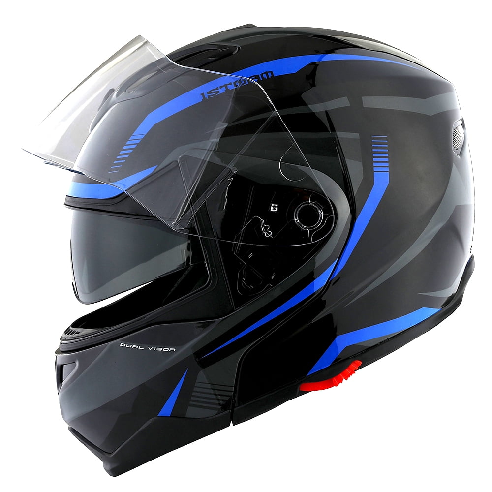 1Storm Motorcycle Street Bike Modular/Flip up Dual Visor/Sun Shield Full Face Helmet HG339 Storm Tron Blue
