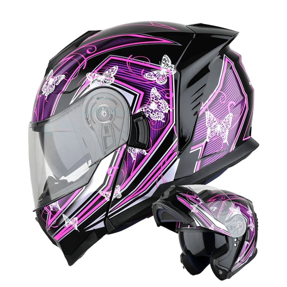 1Storm Motorcycle Street Bike Modular/Flip up Dual Visor Sun Shield Full Face Helmet: HJK920 Butterfly Pink