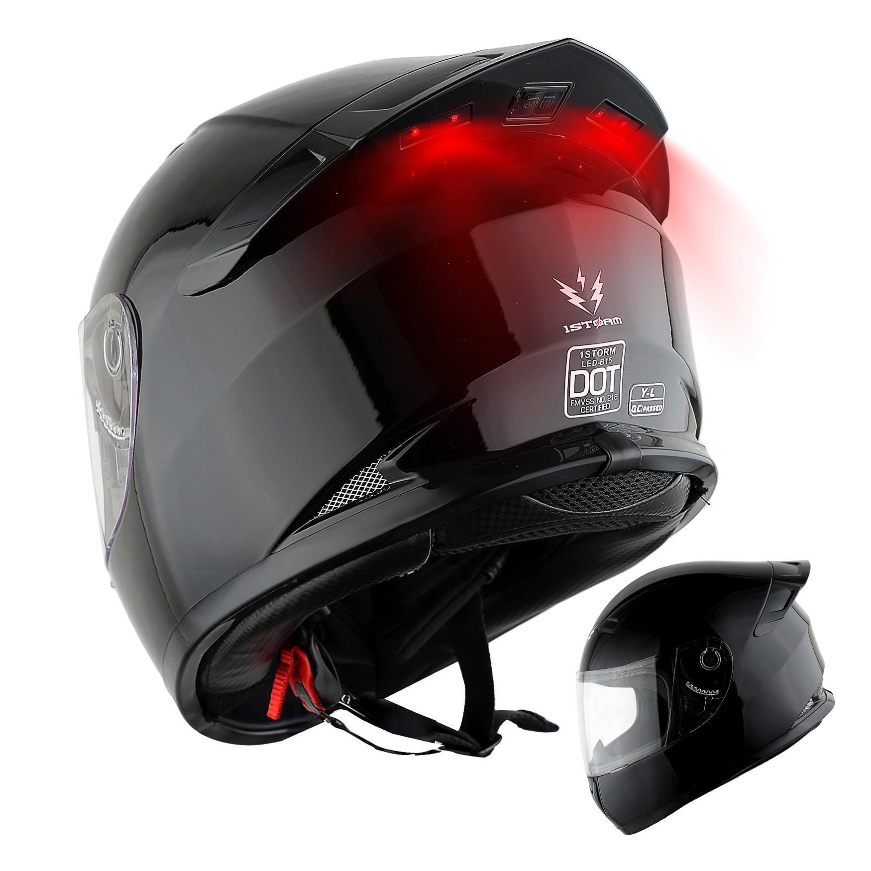 1Storm Motorcycle Youth Kids Street Dirt Bike ATV BMX MX Go Cart Karting Full Face Helmet with LED Tail Light: LED-B15 Glossy Black