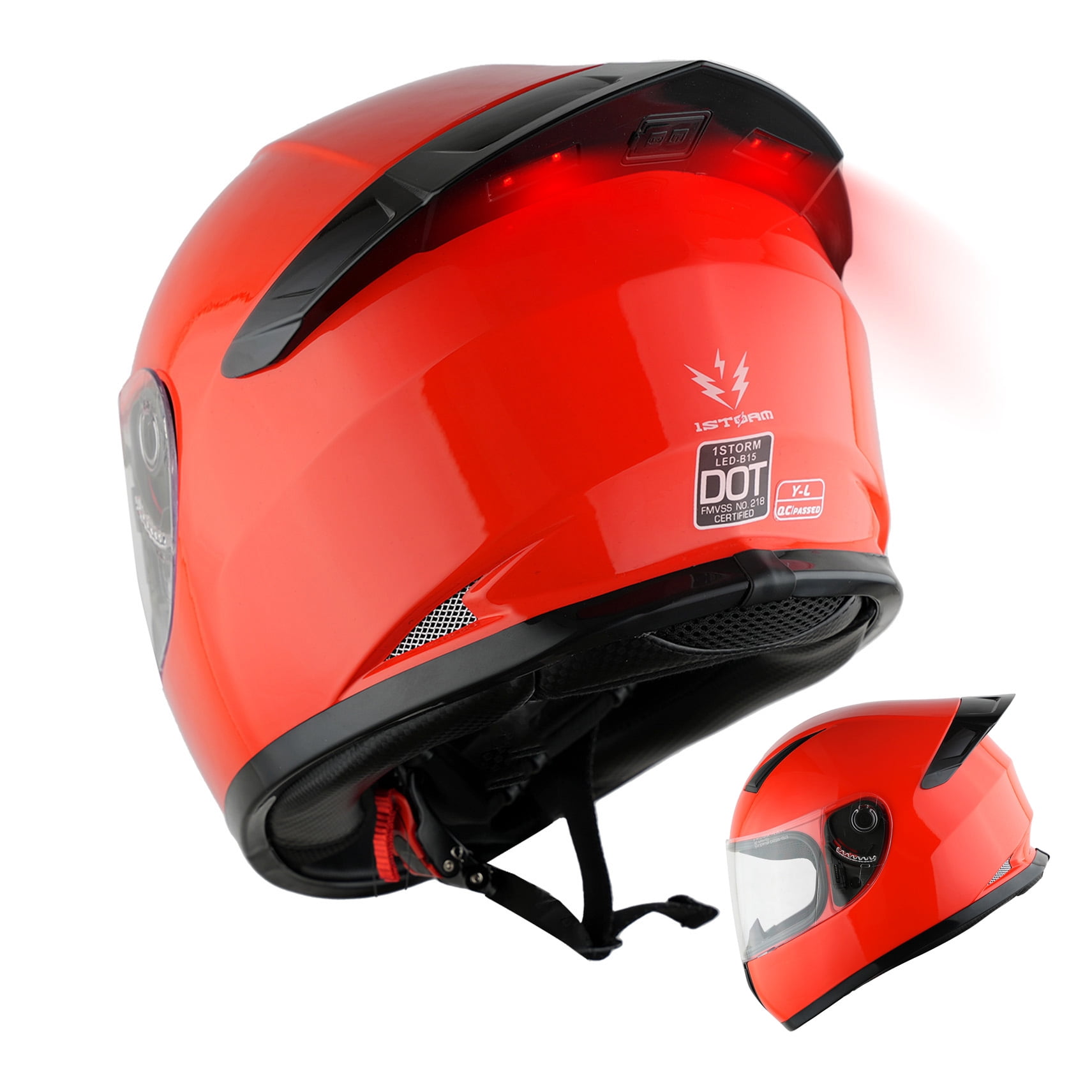 1Storm Motorcycle Youth Kids Street Dirt Bike ATV BMX MX Go Cart Karting Full Face Helmet with LED Tail Light: LED-B15 Glossy Red