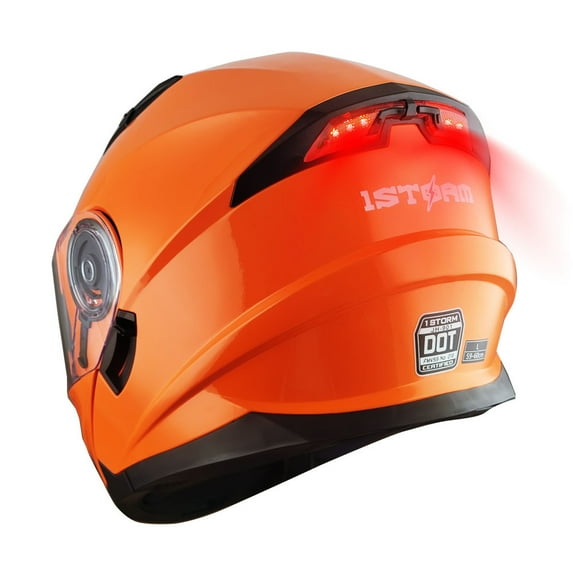 1Storm New Motorcycle Bike Modular Full Face Helmet Dual Visor Sun Shield Modular901 with LED Tail Light: Glossy Orange