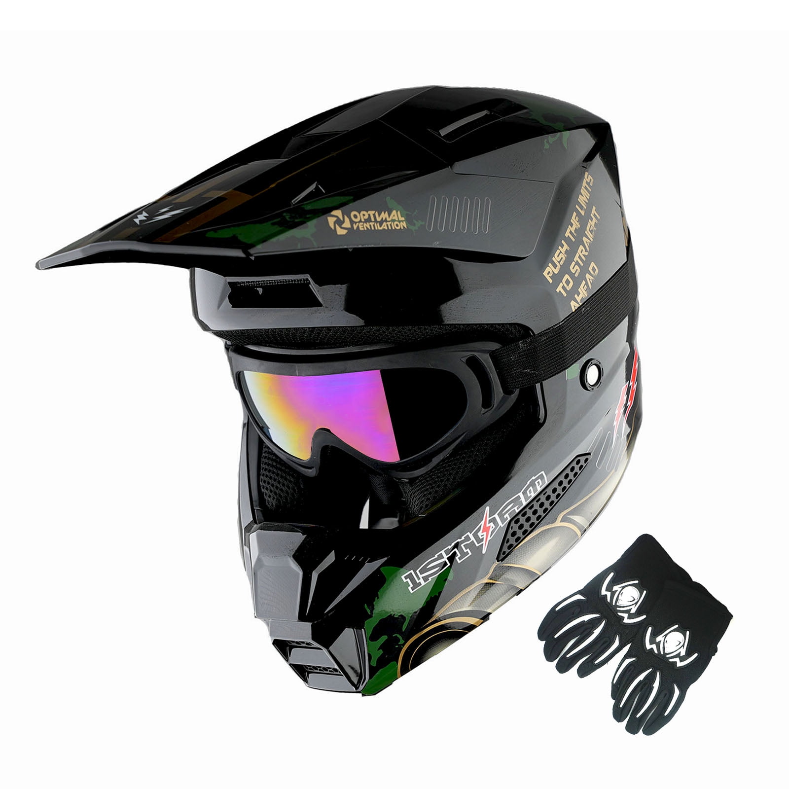 1Storm New Youth Kids BMX MX Bike Helmet Motocross Helmet T602 Teenager DVader Golden + Goggles + Gloves Bundle