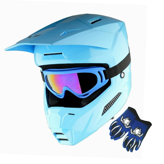 1Storm New Youth Kids BMX MX Bike Helmet Motocross Helmet T602 Teenager Glossy Cyan + Goggles + Gloves Bundle