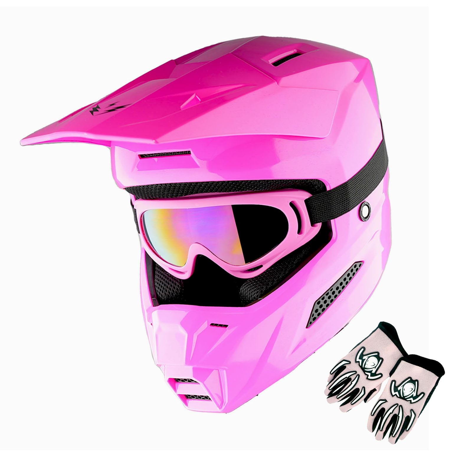 1Storm New Youth Kids BMX MX Bike Helmet Motocross Helmet T602 Teenager Glossy Pink + Goggles + Gloves Bundle