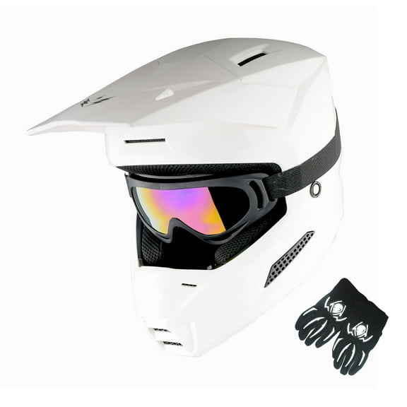 1Storm New Youth Kids BMX MX Bike Helmet Motocross Helmet T602 Teenager Glossy White + Goggles + Gloves Bundle
