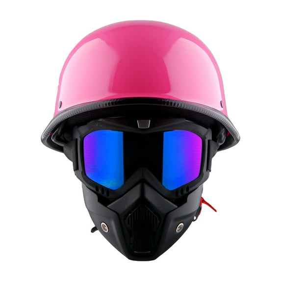 1Storm Novelty Motorcycle Half Face Helmet German Style DOT Approved: HKY602 Glossy Pink + Black Tinted Goggle Bundle