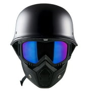 1Storm Novelty Motorcycle Half Face Helmet German Style DOT Approved: HKY602 Matt Black + Black Tinted Goggle Bundle