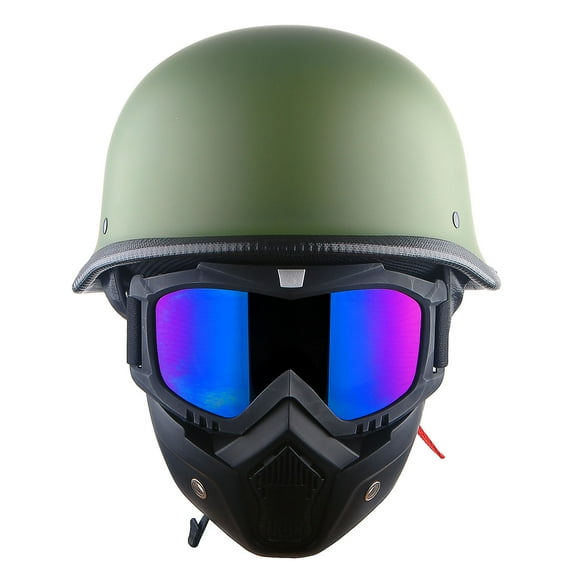 1Storm Novelty Motorcycle Half Face Helmet German Style DOT Approved: HKY602 Matt Green + Black Tinted Goggle Bundle