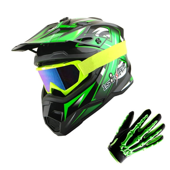 1Storm Youth Kids Motocross Helmet BMX MX Bike Helmet Teenager Racing Style Youth_HF801; Racing Green + Goggles + Skeleton Glove Bundle