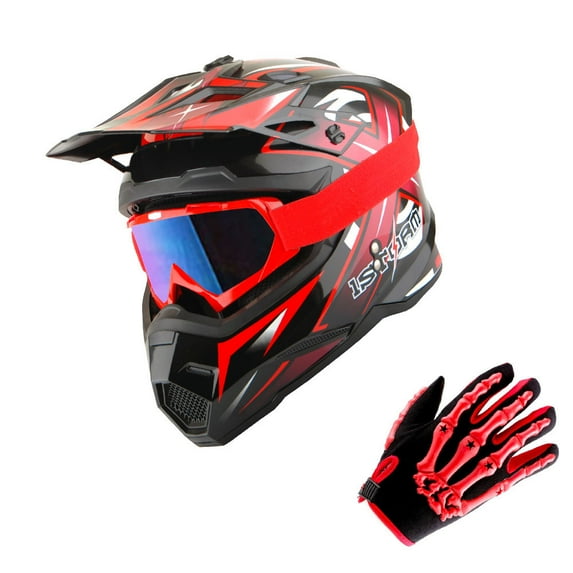 1Storm Youth Kids Motocross Helmet BMX MX Bike Helmet Teenager Racing Style Youth_HF801; Racing Red + Goggles + Skeleton Glove Bundle