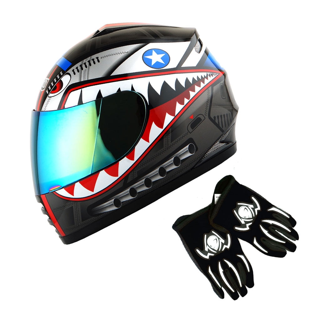 1Storm Youth Kids Motorcycle Full Face Helmet B15 Street Bike BMX MX Shark Black + MG Youth Glove Bundle