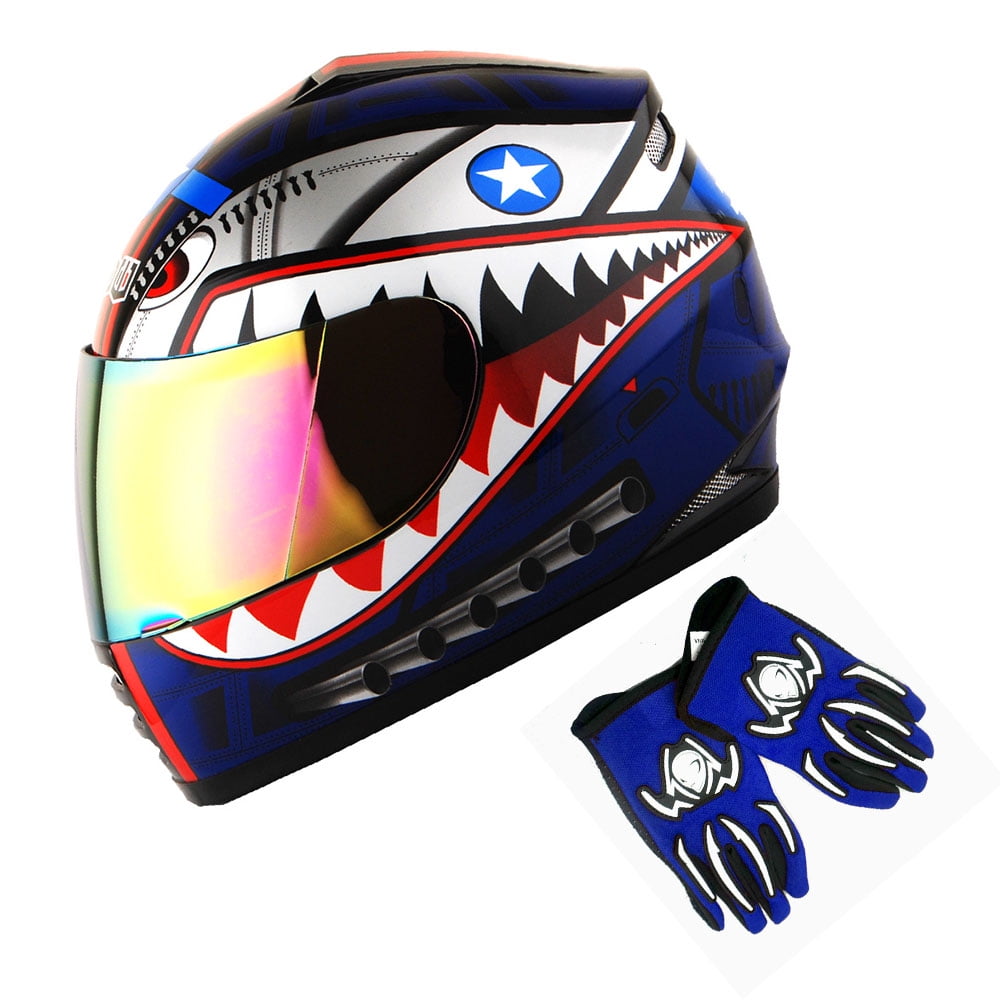 1Storm Youth Kids Motorcycle Full Face Helmet B15 Street Bike BMX MX Shark Blue + MG Youth Glove Bundle