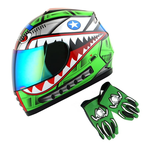 1Storm Youth Kids Motorcycle Full Face Helmet B15 Street Bike BMX MX Shark Green + MG Youth Glove Bundle