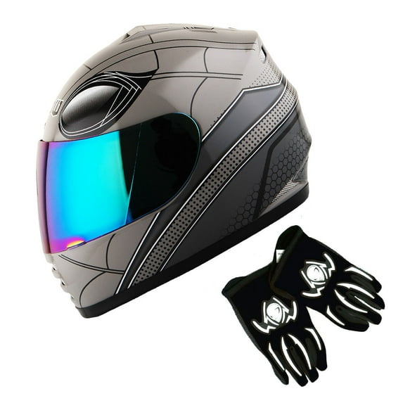 1Storm Youth Kids Motorcycle Full Face Helmet B15 Street Bike BMX MX Spider Black + MG Youth Glove Bundle