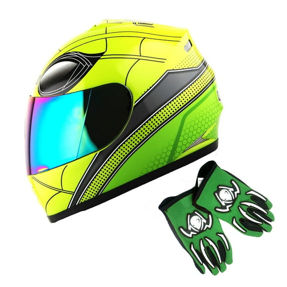1Storm Youth Kids Motorcycle Full Face Helmet B15 Street Bike BMX MX Spider Green + MG Youth Glove Bundle
