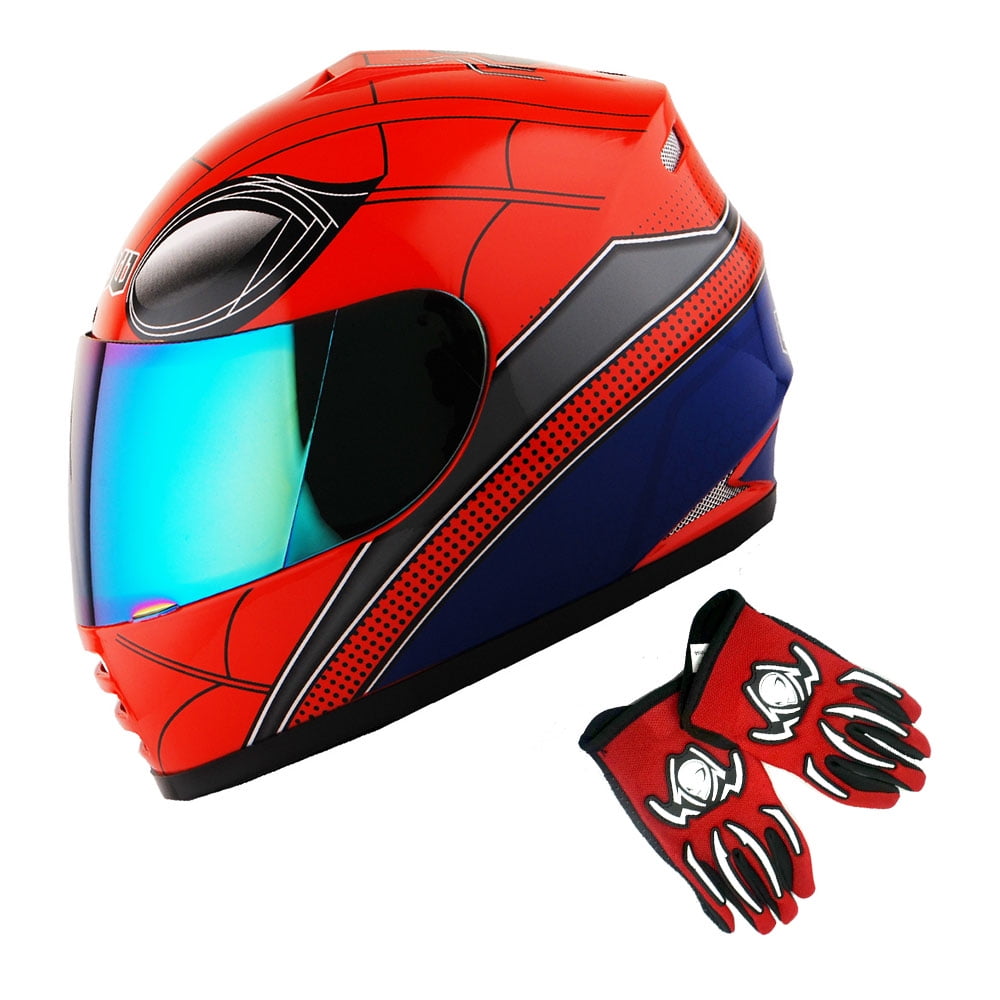 1Storm Youth Kids Motorcycle Full Face Helmet B15 Street Bike BMX MX Spider Red + MG Youth Glove Bundle