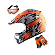 1Storm Youth Motocross Helmet BMX MX ATV Dirt Bike Helmet HBOY Matt Star Orange + Goggles + MG Youth Orange Glove Bundle