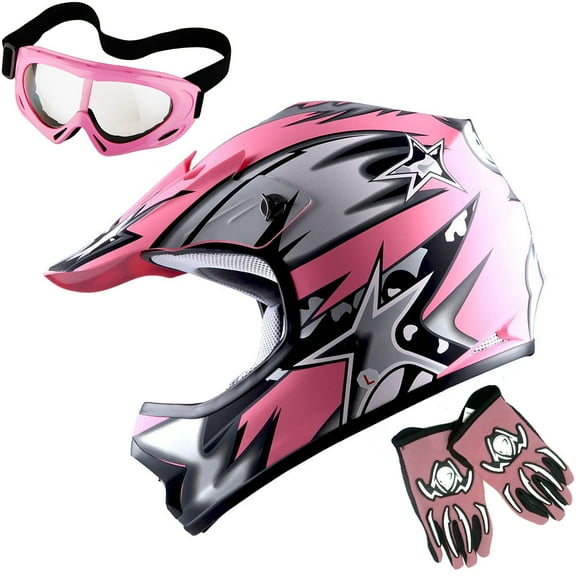 1Storm Youth Motocross Helmet BMX MX ATV Dirt Bike Helmet HBOY Matt Star Pink + Goggles + MG Youth Pink Glove Bundle