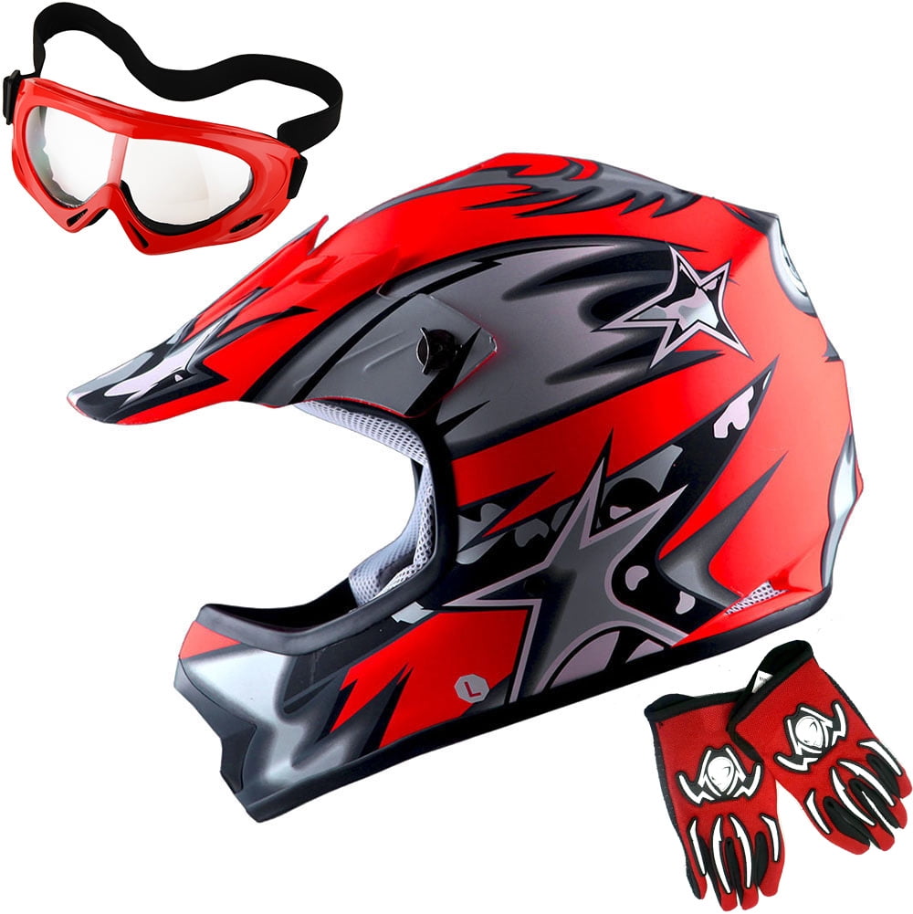 1Storm Youth Motocross Helmet BMX MX ATV Dirt Bike Helmet HBOY Matt Star Red + Goggles + MG Youth Red Glove Bundle