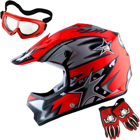 1Storm Youth Motocross Helmet BMX MX ATV Dirt Bike Helmet HBOY Matt Star Red + Goggles + MG Youth Red Glove Bundle