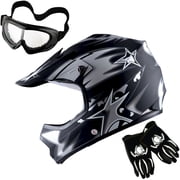 1Storm Youth Motocross Helmet BMX MX ATV Dirt Helmet HBOY Matt Star Black + Goggles + MG Youth Black Glove Bundle