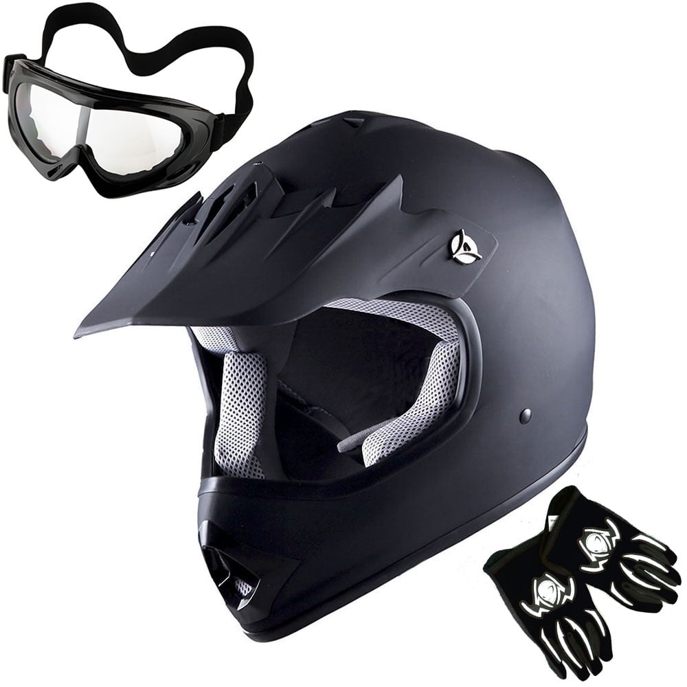 1Storm Youth Motocross Helmet Kids Motorcycle Bike Helmet HBOY Matt Black + Goggles + MG Youth Black Glove Bundle