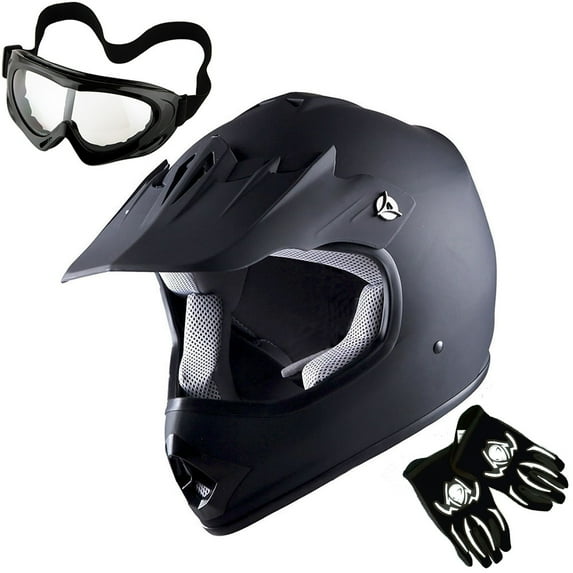 1Storm Youth Motocross Helmet Kids Motorcycle Bike Helmet HBOY Matt Black + Goggles + MG Youth Black Glove Bundle