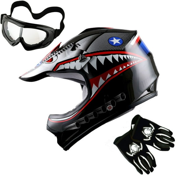 1Storm Youth Motocross Helmet Kids Motorcycle Bike Helmet HBOY Shark Black + Goggles + MG Youth Black Glove Bundle