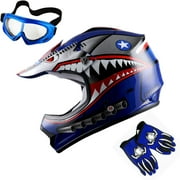 1Storm Youth Motocross Helmet Kids Motorcycle Helmet HBOY Shark Blue + Goggles + MG Youth Blue Glove Bundle