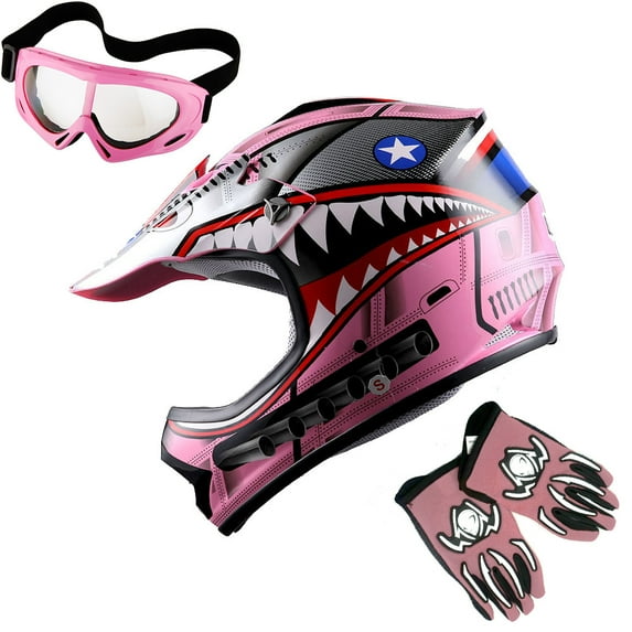 1Storm Youth Motocross Helmet Kids Motorcycle Bike Helmet HBOY Shark Pink + Goggles + MG Youth Pink Glove Bundle