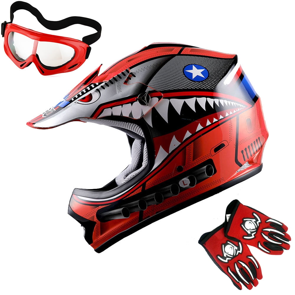1Storm Youth Motocross Helmet Kids Motorcycle Bike Helmet HBOY Shark Red + Goggles + MG Youth Red Glove Bundle