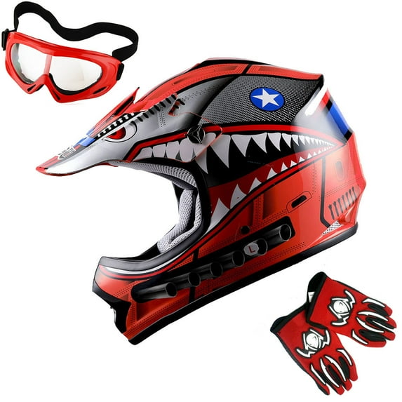 1Storm Youth Motocross Helmet Kids Motorcycle Bike Helmet HBOY Shark Red + Goggles + MG Youth Red Glove Bundle