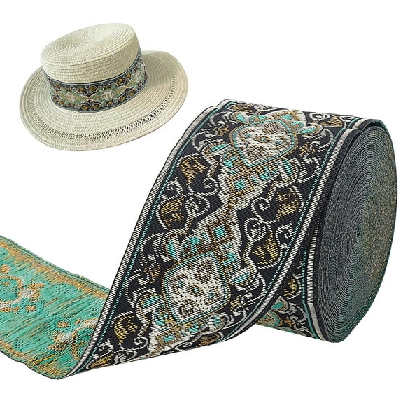 1Strand 50mm Wide Diamond Flower Metallic Jacquard Ribbon 7m Geometric Black Green Polyester Boho Jacquard Ribbons Tapestry Fringe Trim Embroidery DIY Craft Accessories for Clothing Decor