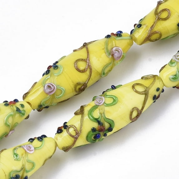 1Strand Handmade Gold Sand Lampwork Beads Strands Bumpy Rice with Flower Pattern Yellow