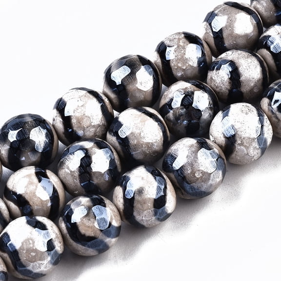 1Strand Tibetan Style dZi Beads Natural Agate Beads Strands Dyed & Heated Pearlized Round Faceted Old Lace 10mm Hole: 1mm about 37~38pcs/strand 14.57 inch(37cm)
