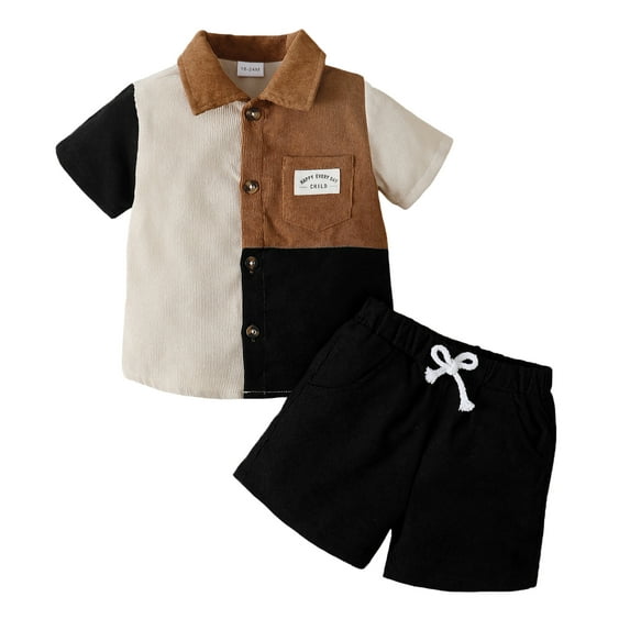 1T Baby Boys Clothes 2T Boys 2PCS Summer Outfits Set Lapel Design Toddler Boys Short Sleeve Color-blocked Shirt Top Shorts Set Black