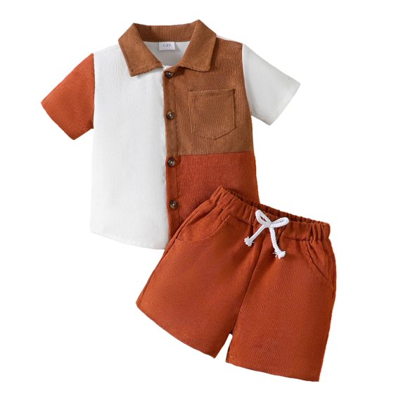 1T Baby Boys Clothes 2T Boys 2PCS Summer Outfits Set Lapel Design Toddler Boys Short Sleeve Color-blocked Shirt Top Shorts Set Brown