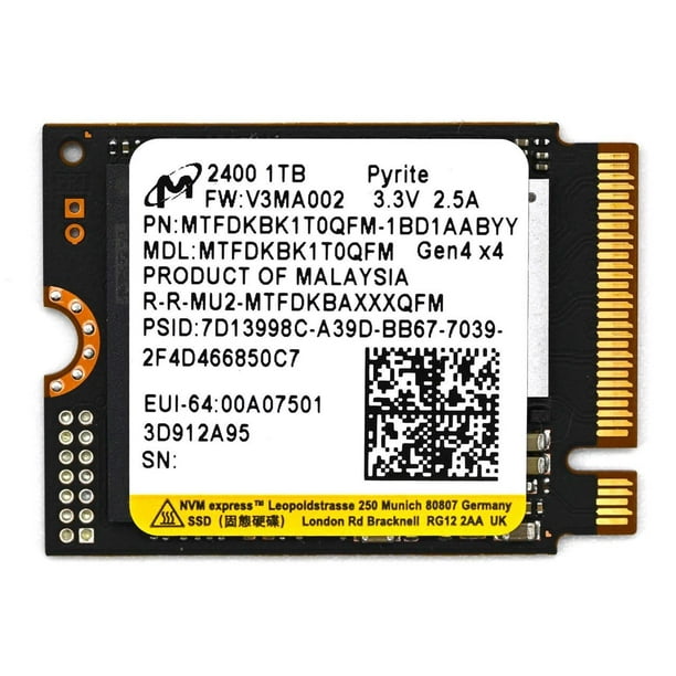 SSD 1TB【Micron】MTFDKBK1T0QFM-1BD1AABYYR 1TB Micron 2400 M.2 2230 NVMe PCIe 4.0x4 SSD MTFDKBK1T0QFM