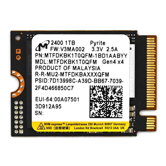 1TB Micron 2400 M.2 2230 NVMe PCIe 4.0x4 SSD MTFDKBK1T0QFM-1BD1AABYYR