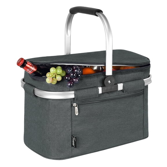 Tirrinia Large Insulated Picnic Basket, 34L Water Resistant & Leakproof Collapsible Portable Cooler Basket Set with Aluminium Handle for Travel,Foldable Grocery Bag, Gray