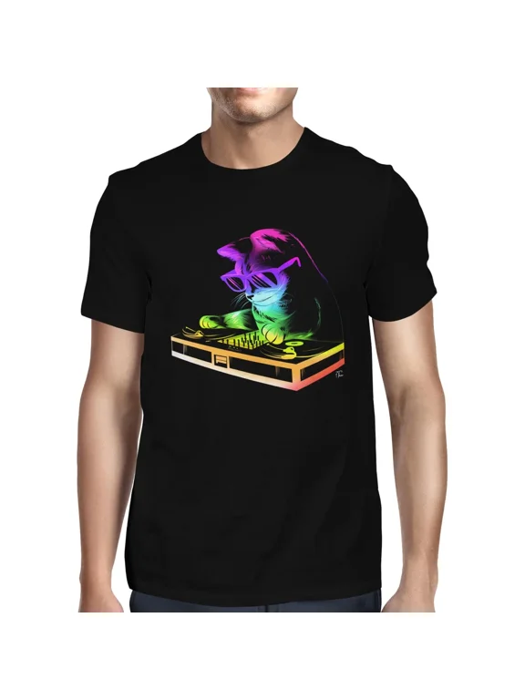 1Tee Mens Rainbow DJ Cat T-Shirt
