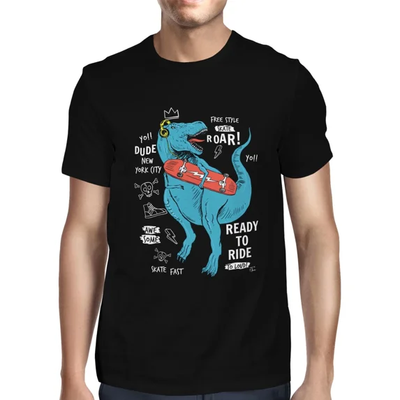 1Tee Mens Skateboard Loving Dinosaur T-Shirt