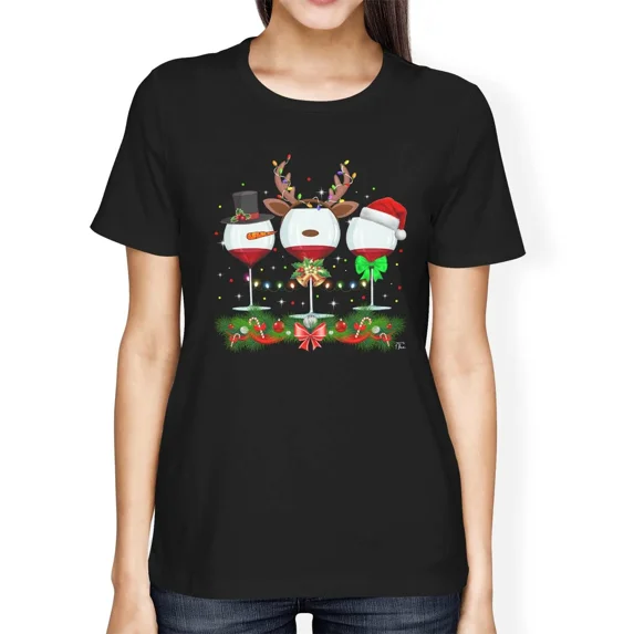 1Tee Womens Loose Fit Three Christmas Wine Glasses T-Shirt