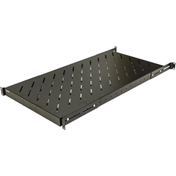 1U 19-Inch Fixed 4-Post Rack Mount Server Shelf with Adjustable Depth from 18-42 Inch Black